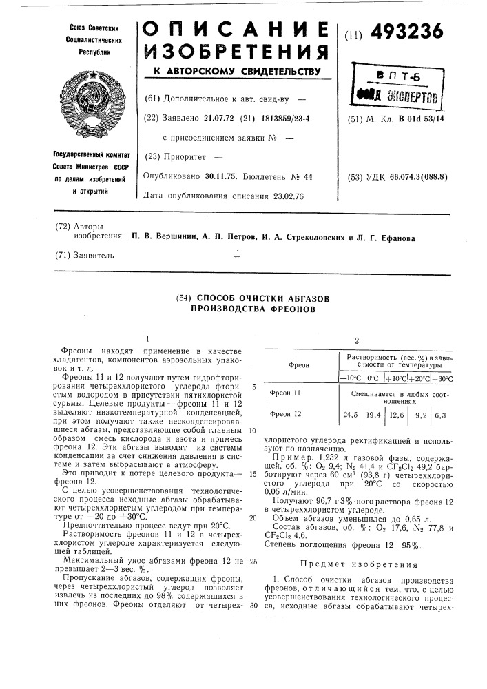 Способ очистки абгазов производства фреонов (патент 493236)