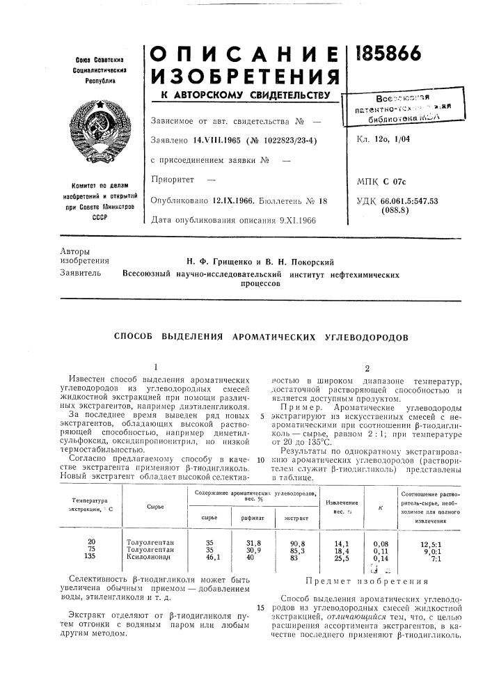 Патент ссср  185866 (патент 185866)
