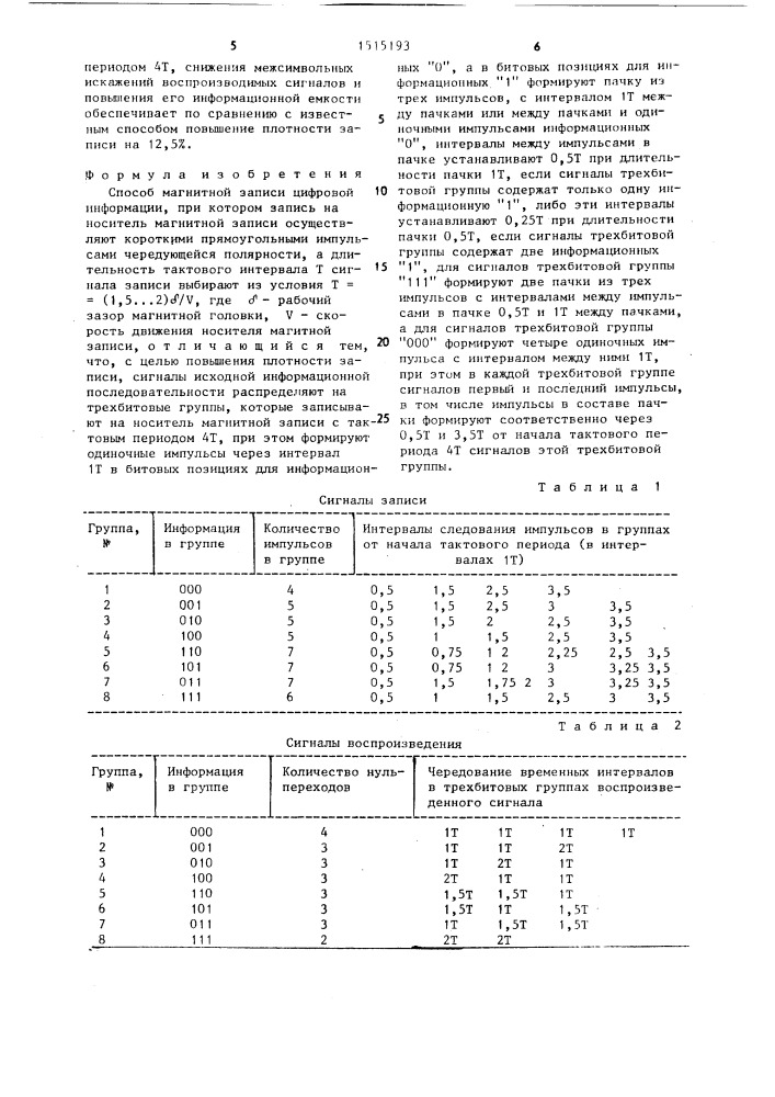 Способ магнитной записи цифровой информации (патент 1515193)