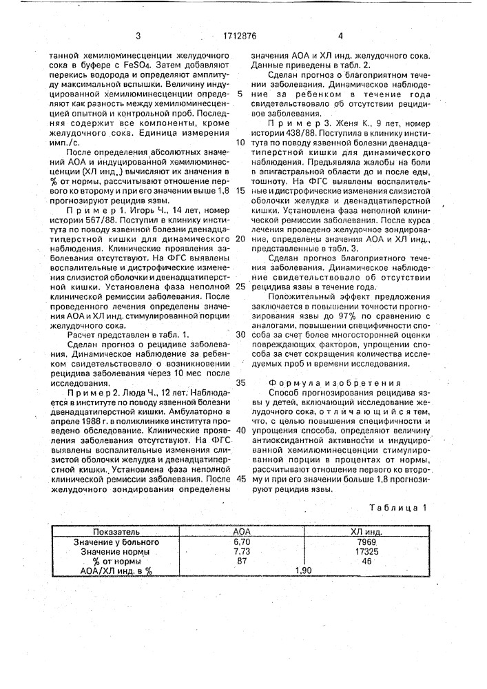 Способ прогнозирования рецидива язвы у детей (патент 1712876)