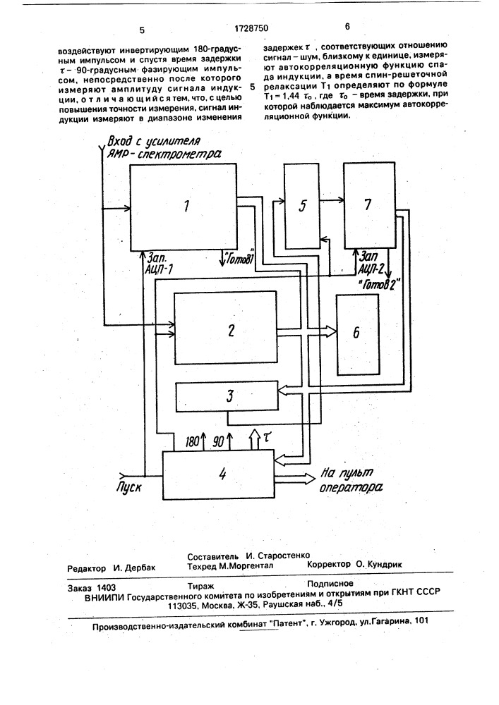 Способ измерения времени спин-решеточной релаксации (патент 1728750)