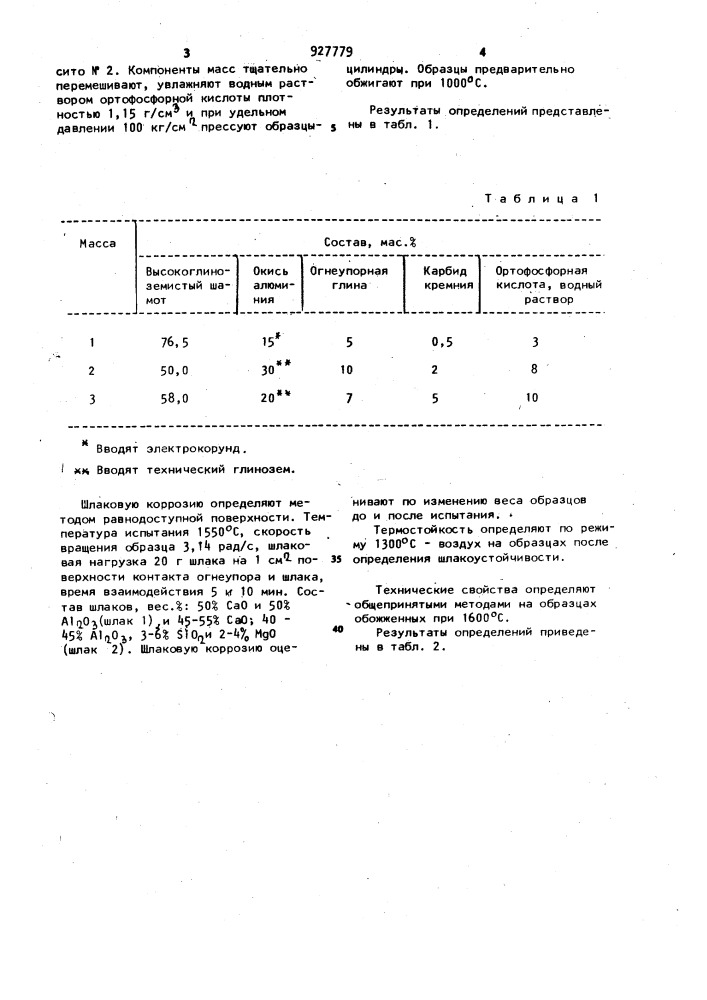 Огнеупорная набивная масса (патент 927779)