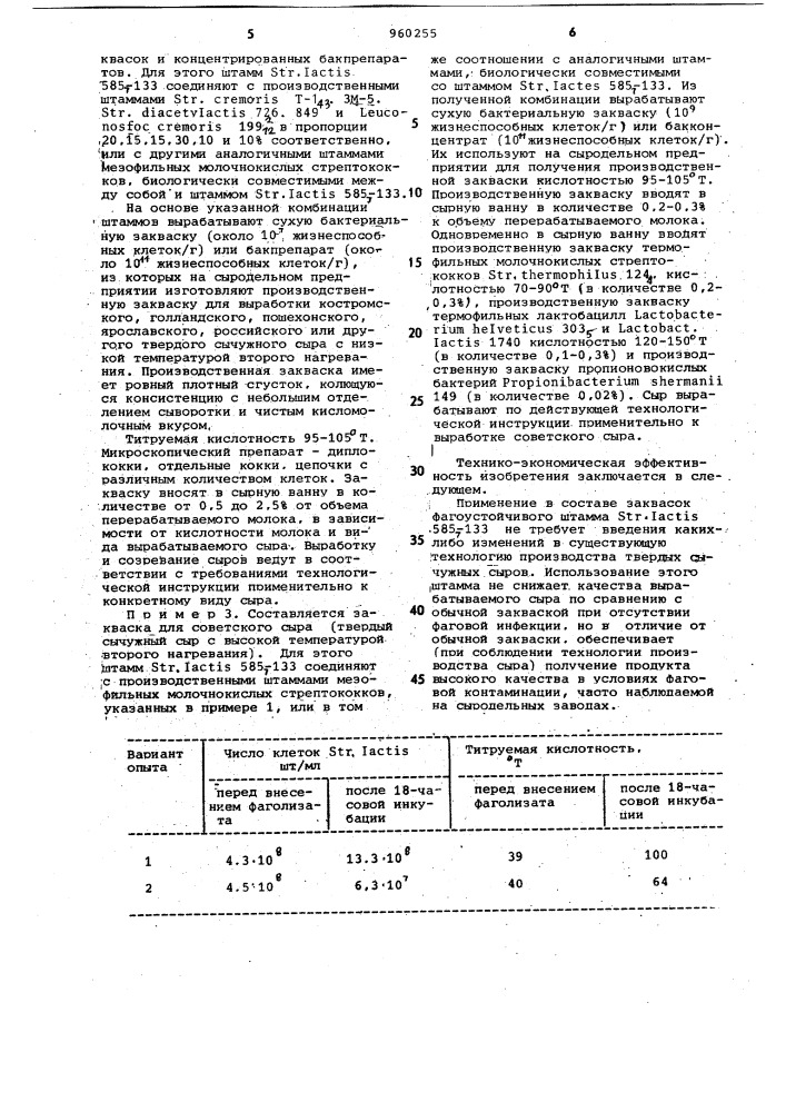 Штамм sтrертососсus lастis 585-133,используемый в заквасках при производстве твердых сычужных сыров с низкой и высокой температурой второго нагревания (патент 960255)