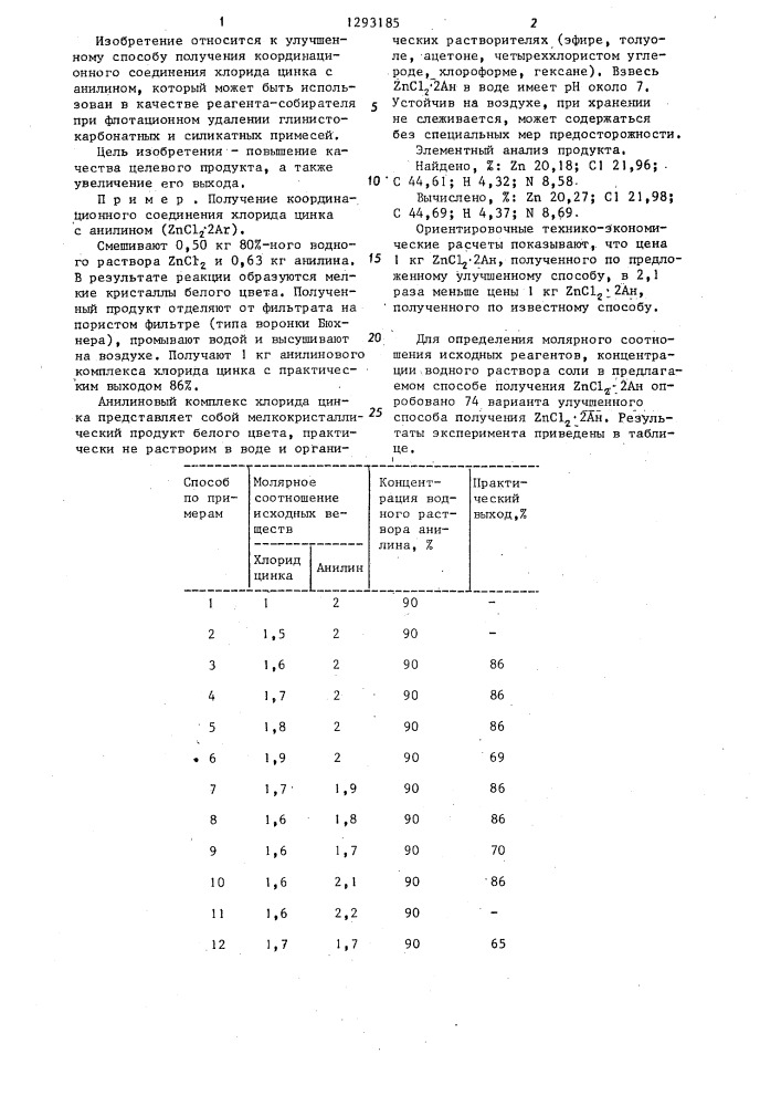 Способ получения координационного соединения хлорида цинка с анилином (патент 1293185)