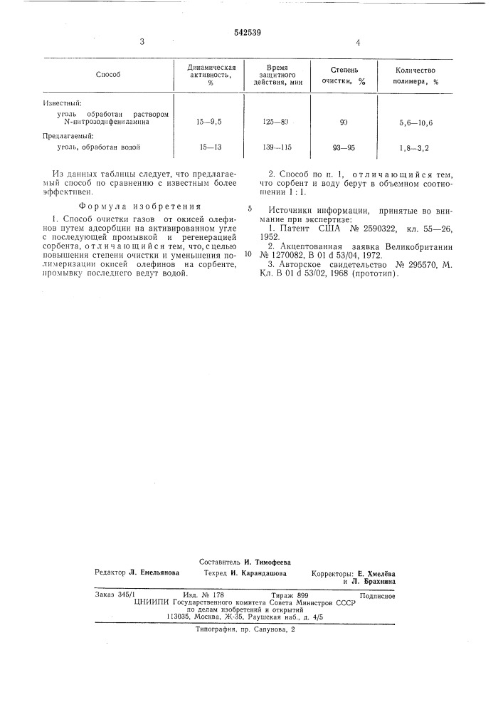 Способ очистки газов от окисей олефинов (патент 542539)