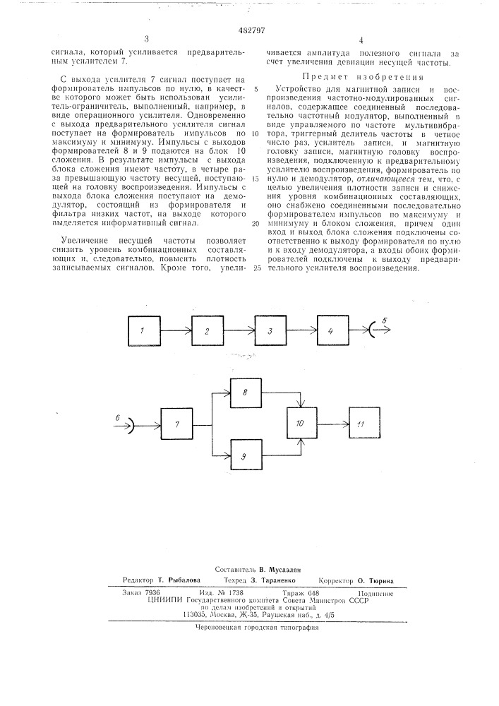 Устройство для магнитной записи и воспризведения честотно- модулированных сигналов (патент 482797)