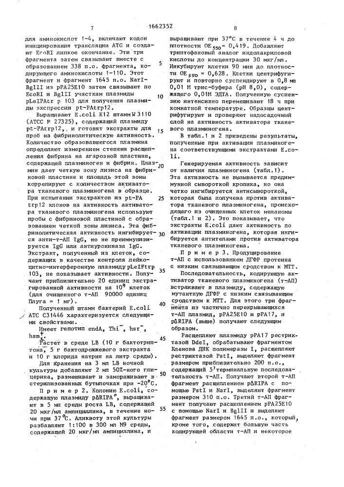 Штамм бактерий еsснеriснiа coli - продуцент активатора плазминогена тканевого типа (патент 1662352)