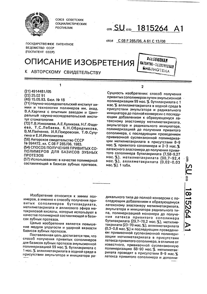 Способ получения привитых сополимеров для базисов зубных протезов (патент 1815264)