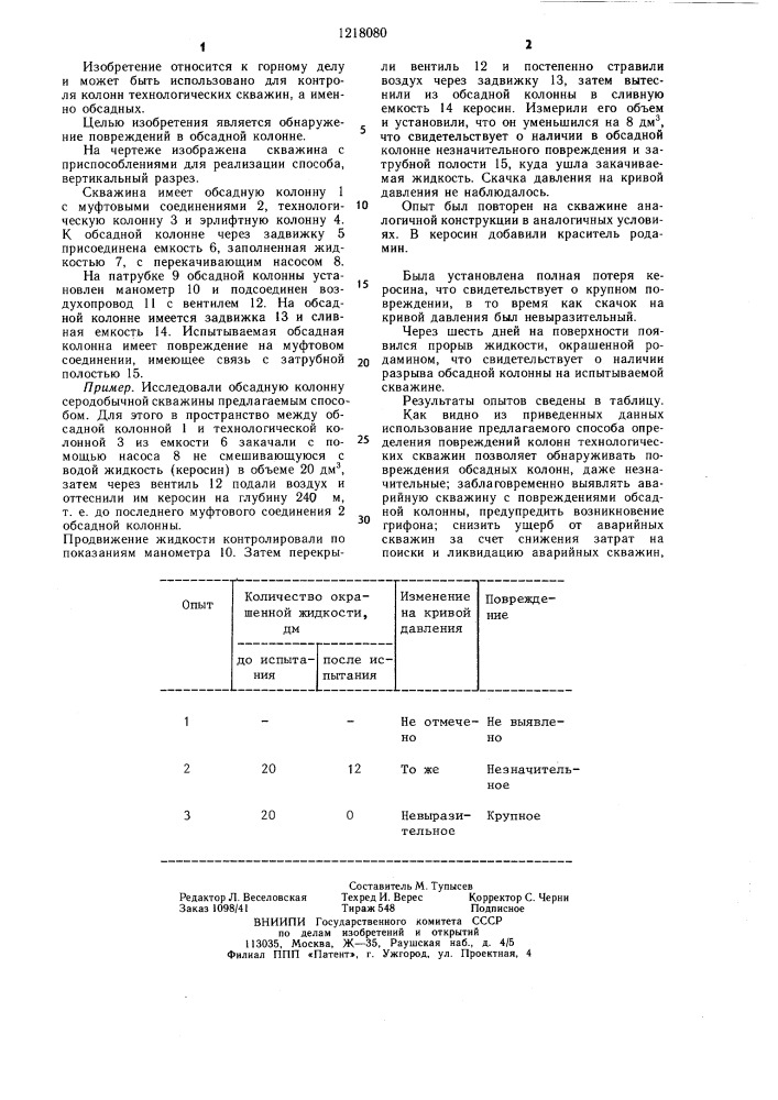 Способ определения повреждений колонн технологических скважин (патент 1218080)