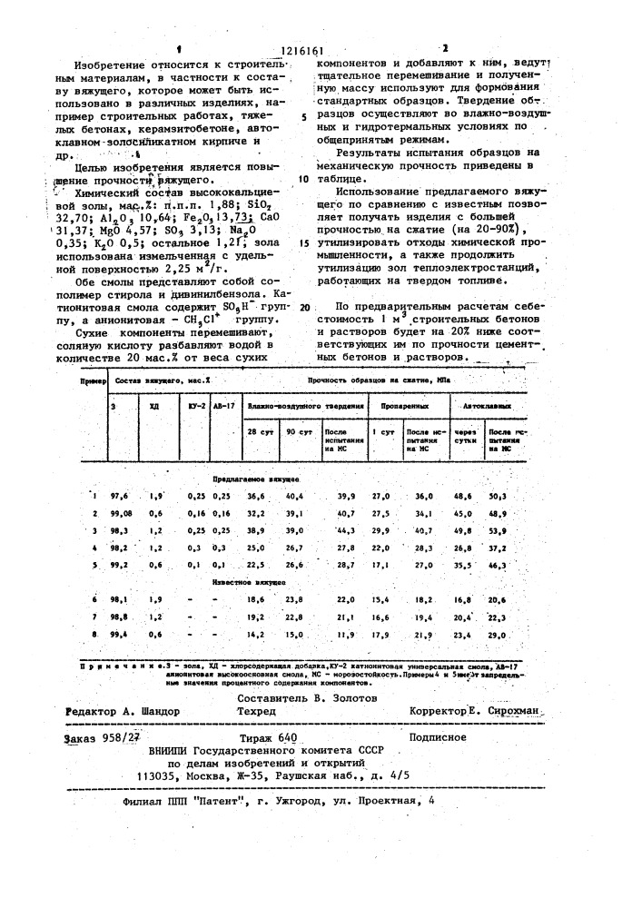 Вяжущее (патент 1216161)