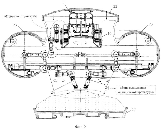 Функциональная структура возвратно-поступательного разворота диагностических и хирургических элементов инструментального устройства тороидальной робототехнической системы с выдвижной крышкой (вариант русской логики - версия 5) (патент 2563730)