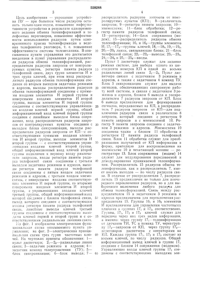 Пункт управления системы телемеханики (патент 558288)