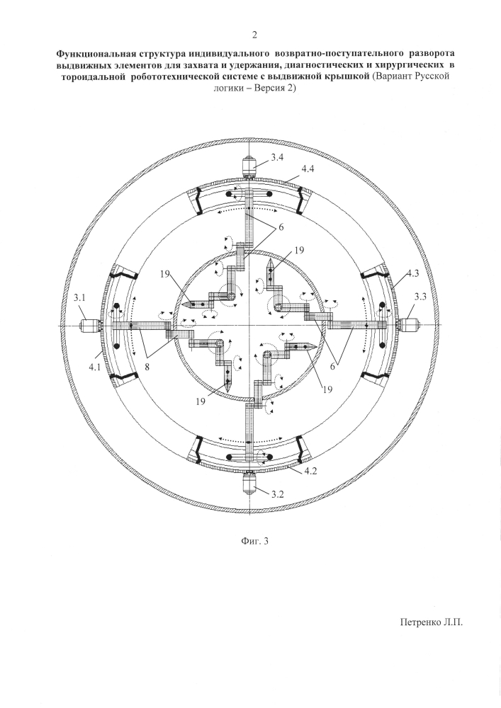Функциональная структура индивидуального возвратно-поступательного разворота выдвижных элементов для захвата и удержания диагностических и хирургических корпусов внутри тороидальной робототехнической системы с выдвижной крышкой (вариант русской логики - версия 2) (патент 2598211)