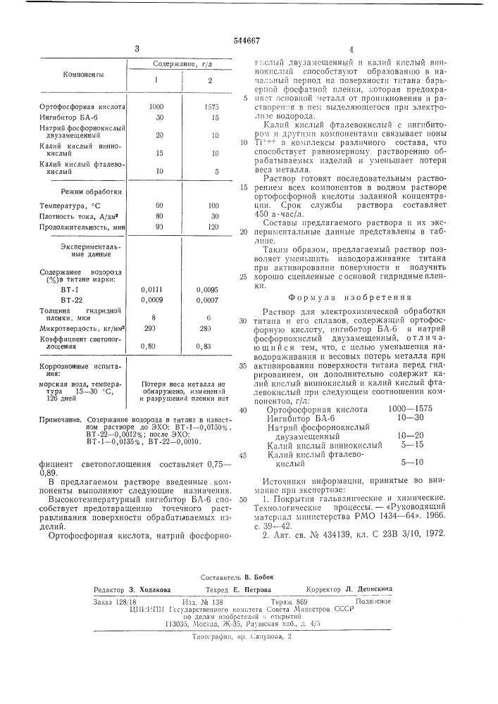 Раствор для электрохимической обработки титана и его сплавов (патент 544667)