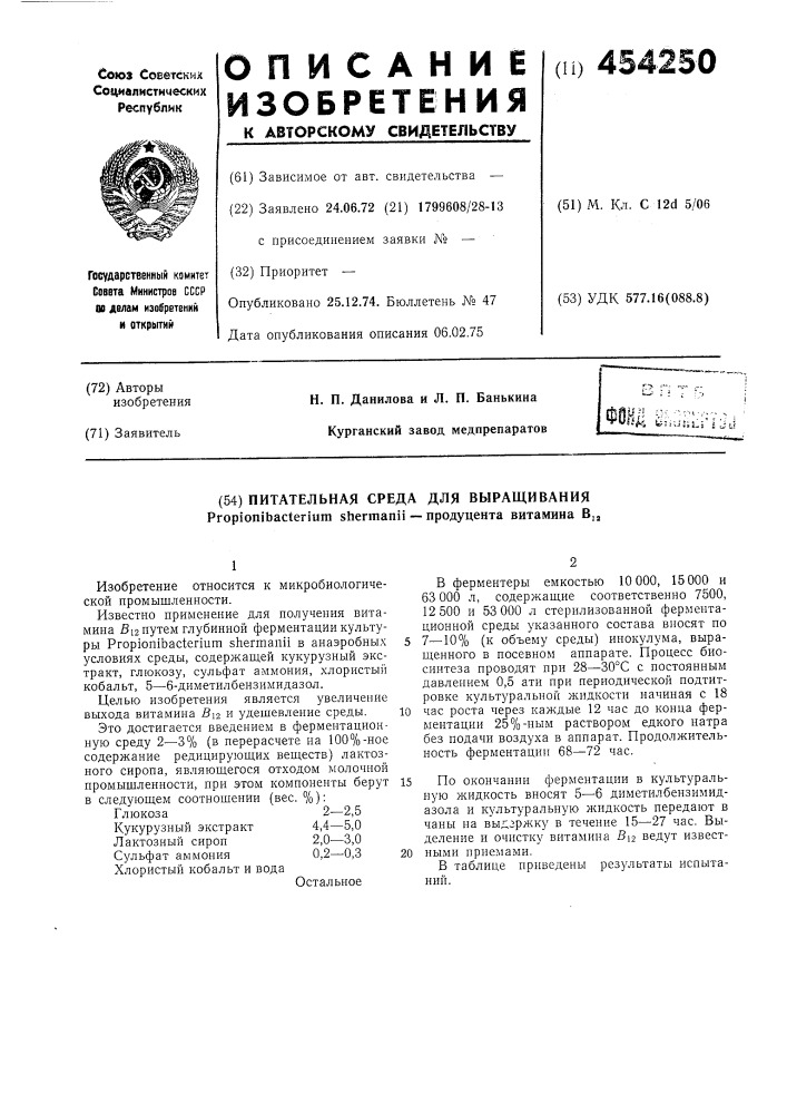 Питательная среда для выращивания продуцента витамина в 12 (патент 454250)