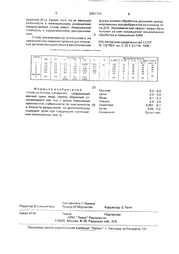 Сплав на основе алюминия (патент 2001154)