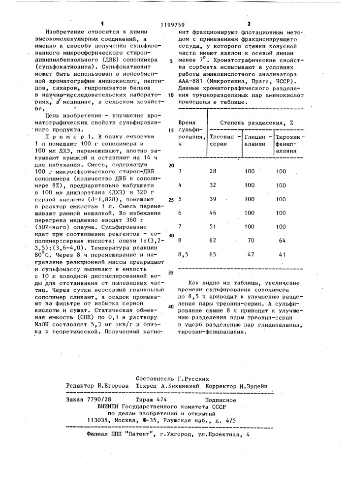 Способ получения сульфированного стирол-дивинилбензольного сополимера (патент 1199759)