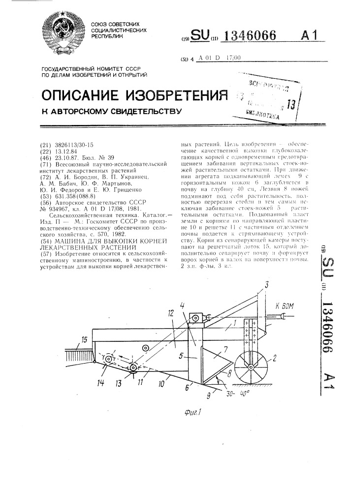 Машина для выкопки корней лекарственных растений (патент 1346066)