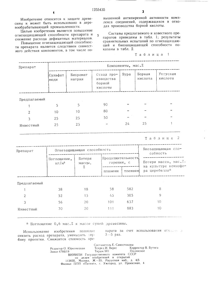 Препарат для защиты древесины от гниения и возгорания (патент 1255435)
