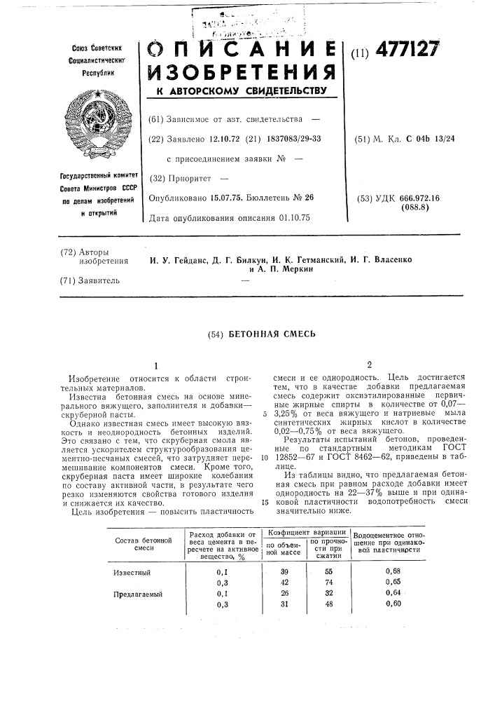 Бетонная смесь (патент 477127)