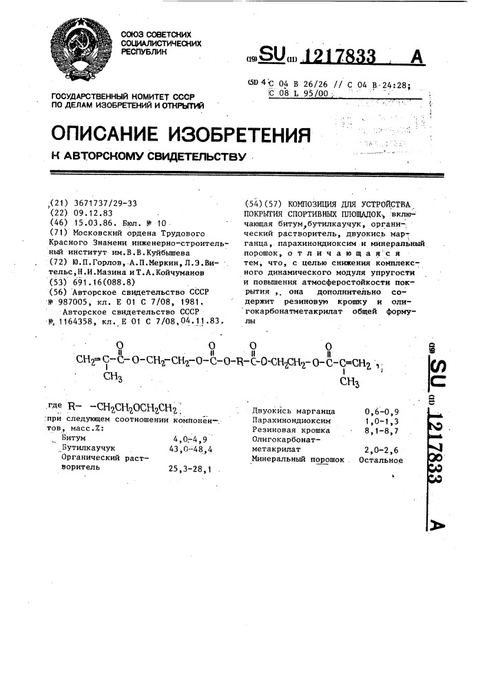 Композиция для устройства покрытия спортивных площадок (патент 1217833)