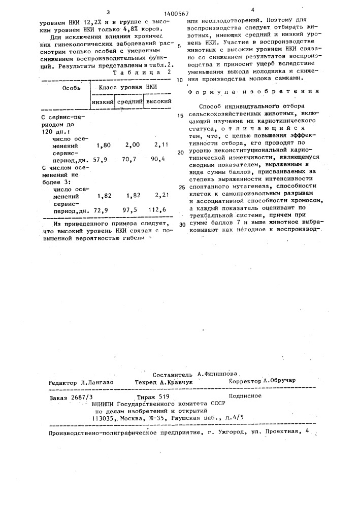 Способ индивидуального отбора сельскохозяйственных животных (патент 1400567)