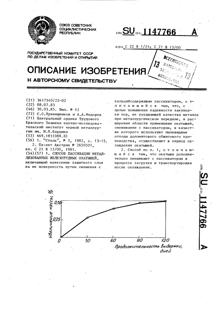 Способ пассивации металлизованных железорудных окатышей (патент 1147766)