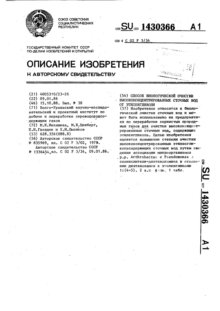 Способ биологической очистки высококонцентрированных сточных вод от этиленгликоля (патент 1430366)
