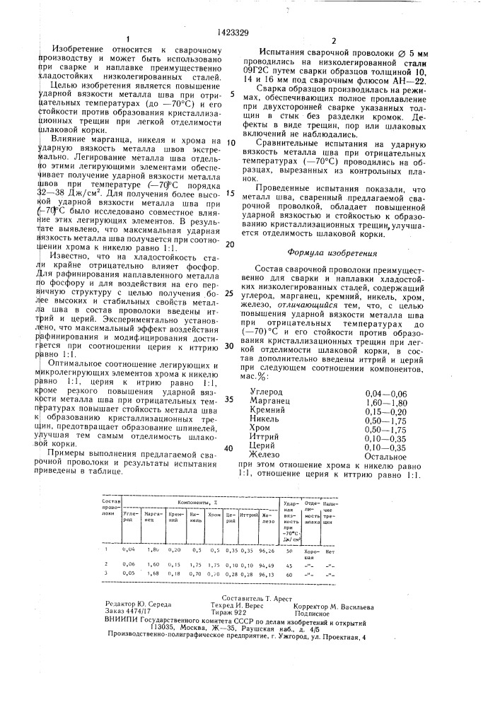 Состав сварочной проволоки (патент 1423329)