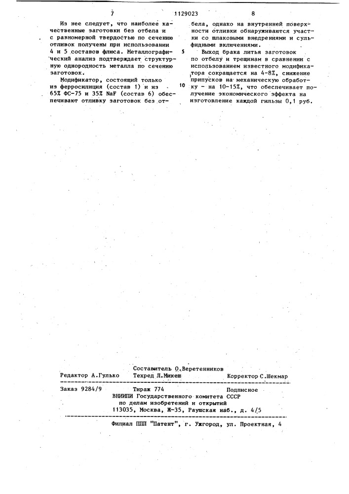 Модификатор для центробежного литья чугунных заготовок (патент 1129023)