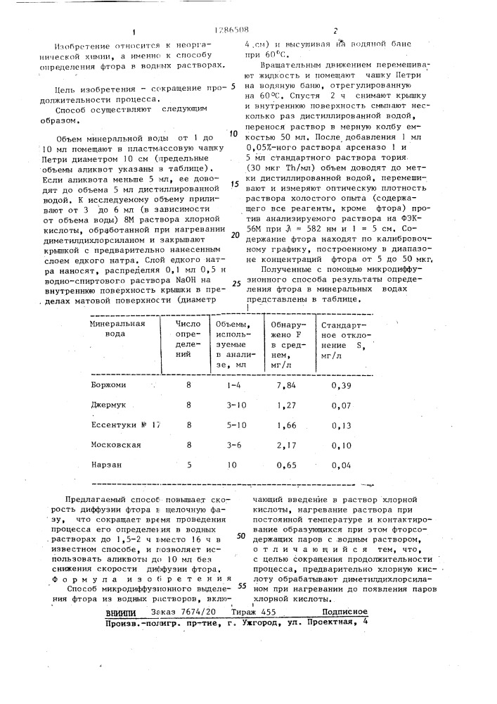 Способ микродиффузионного выделения фтора из водных растворов (патент 1286508)