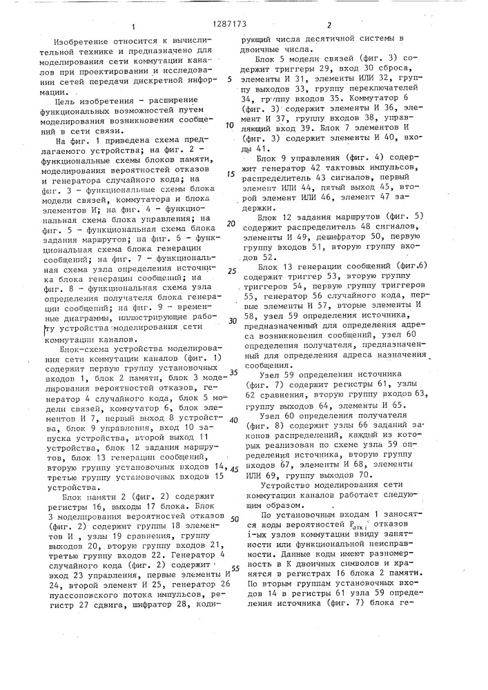 Устройство для моделирования сети коммутации каналов (патент 1287173)