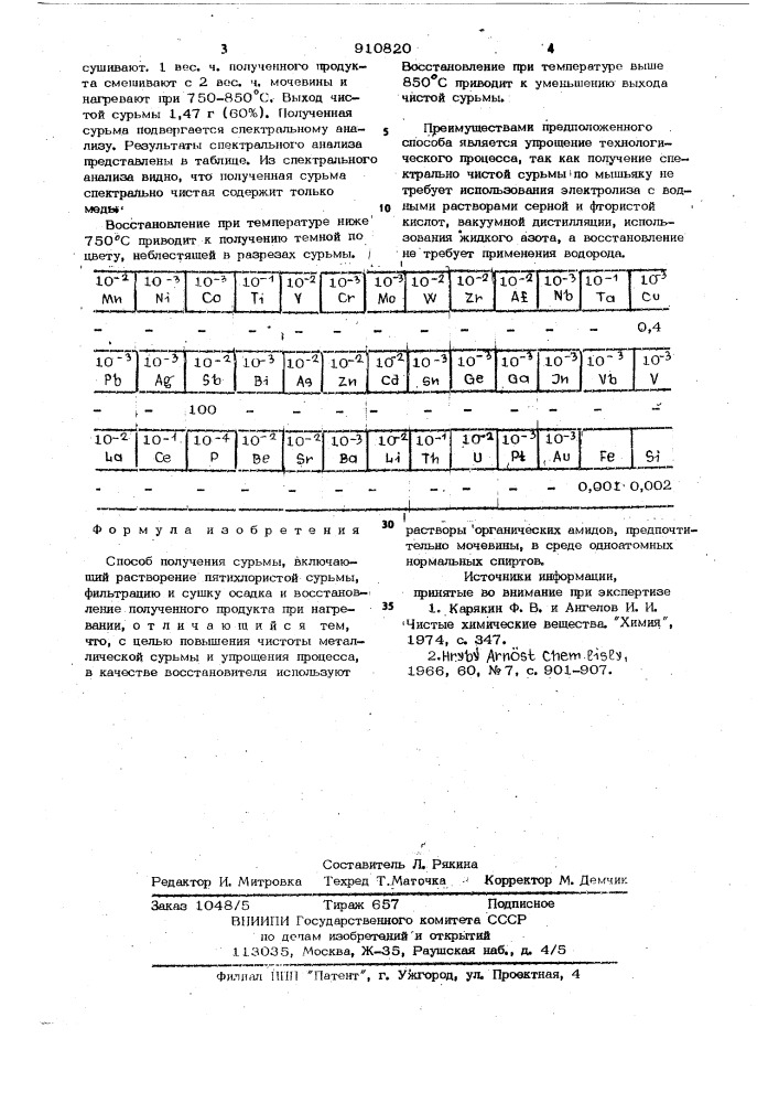 Способ получения сурьмы (патент 910820)