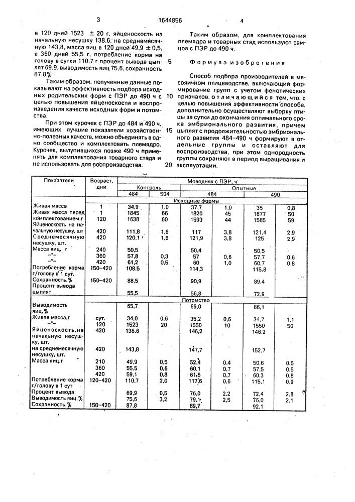 Способ подбора производителей в мясояичном птицеводстве (патент 1644856)