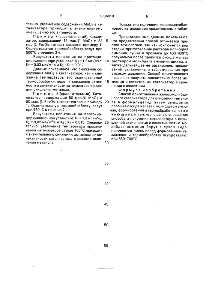 Способ приготовления железомолибденового катализатора (патент 1734819)