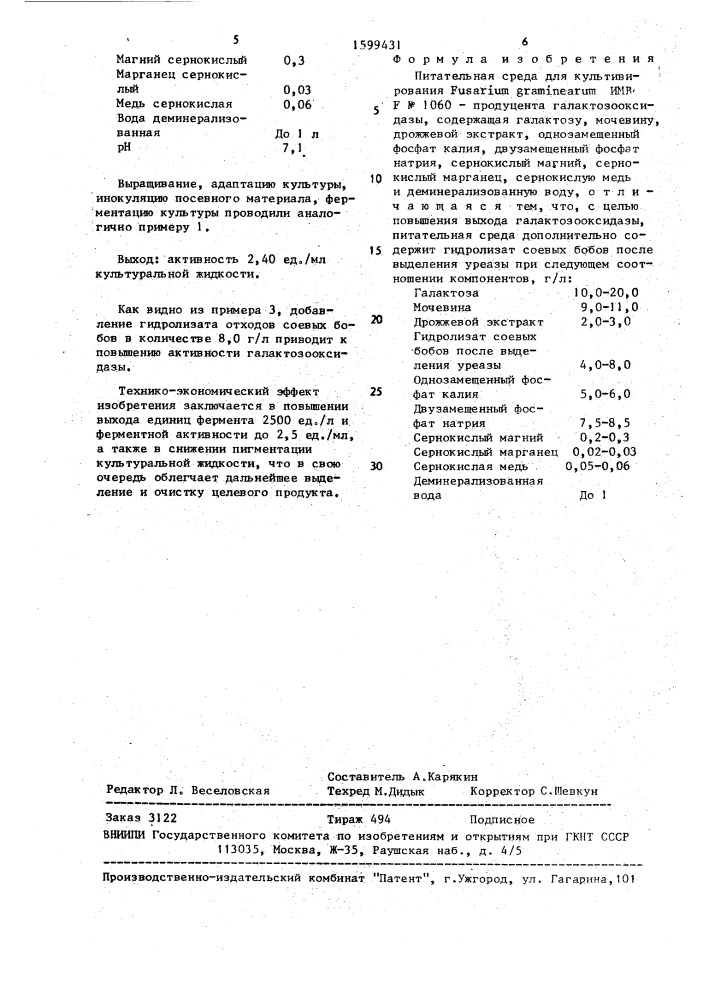 Питательная среда для культивирования fusаriuм grамinеаruм- продуцента галактозооксидазы (патент 1599431)