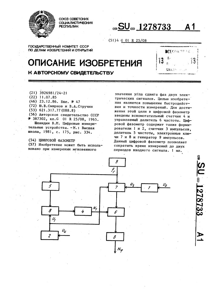 Цифровой фазометр (патент 1278733)