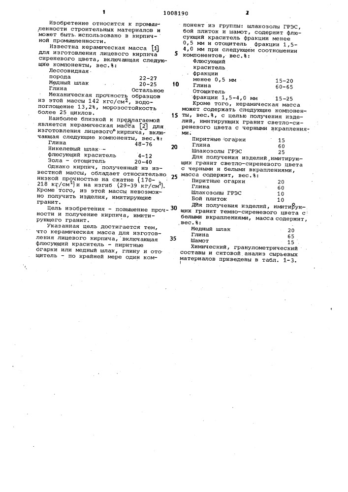 Керамическая масса для изготовления лицевого кирпича (патент 1008190)