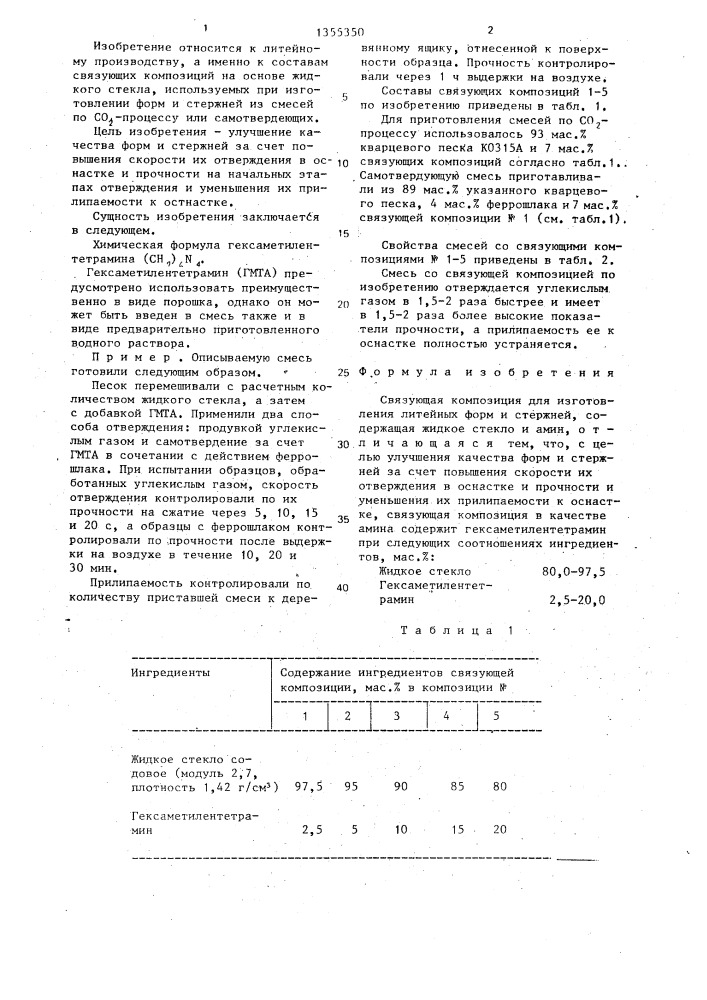 Связующая композиция для изготовления литейных форм и стержней (патент 1355350)