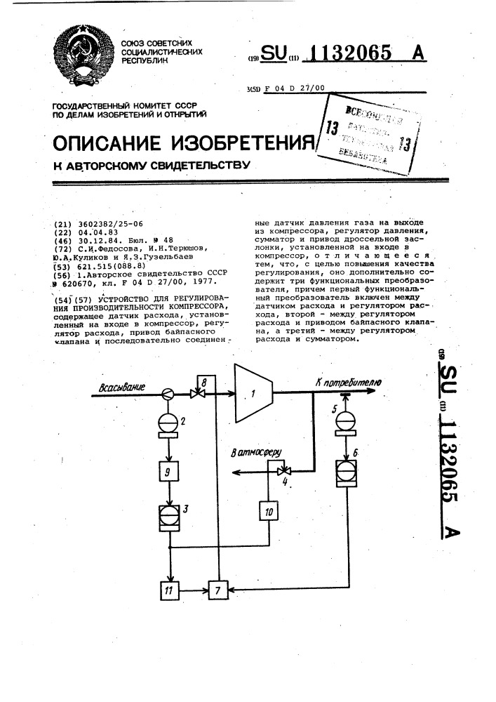 Устройство для регулирования производительности компрессора (патент 1132065)