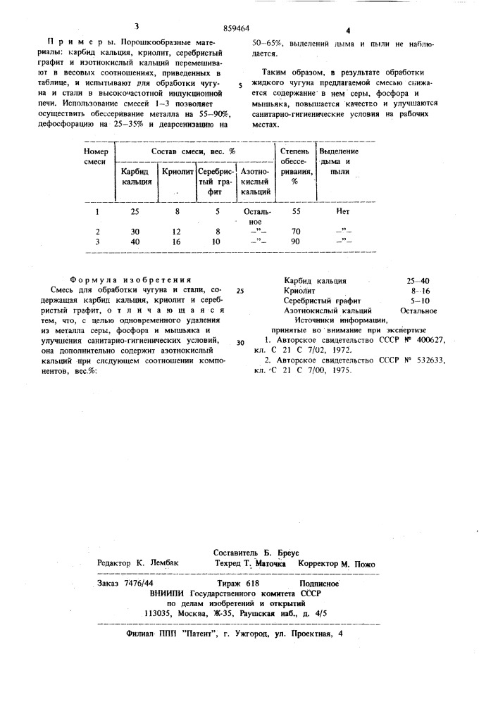 Смесь для обработки чугуна и стали (патент 859464)