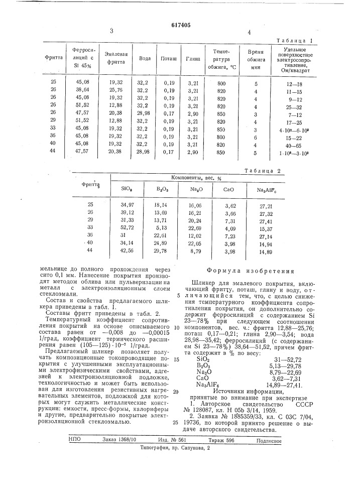 Шликер для эмалевого покрытия (патент 617405)