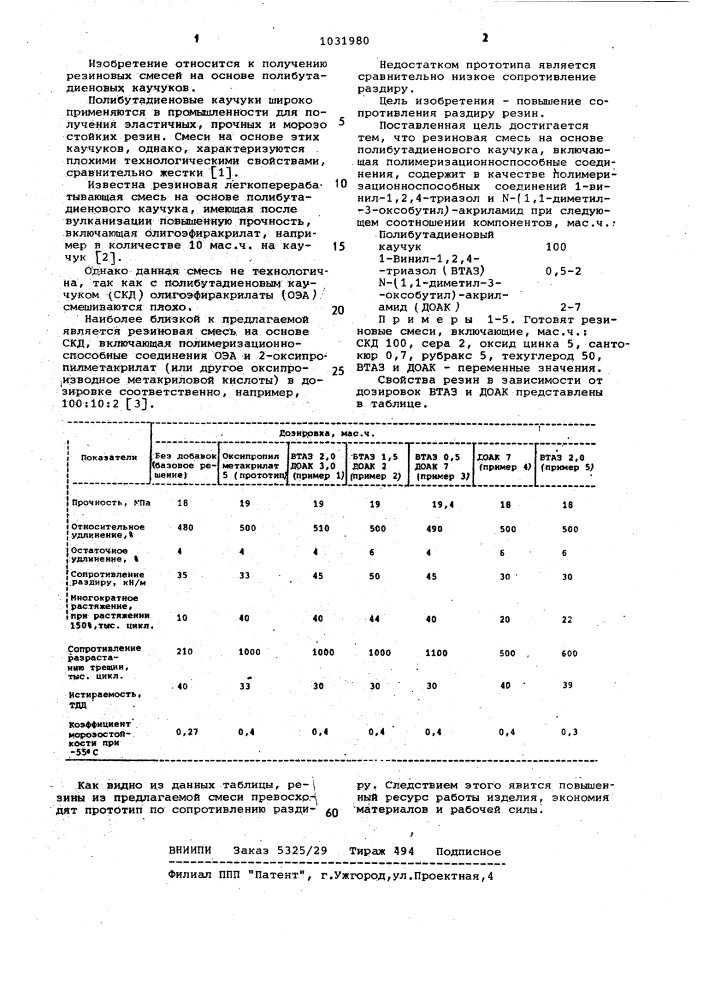 Резиновая смесь на основе полибутадиенового каучука (патент 1031980)