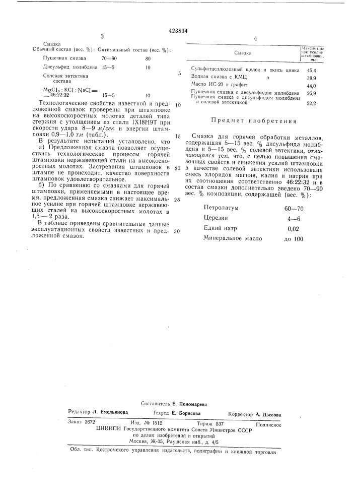 Смазка для горячей обработки металлов (патент 423834)