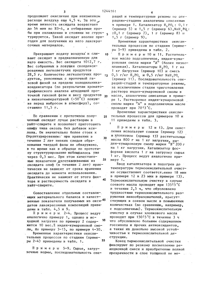 Способ совместного окисления растительных масел с инденкумароновой смолой (патент 1244161)