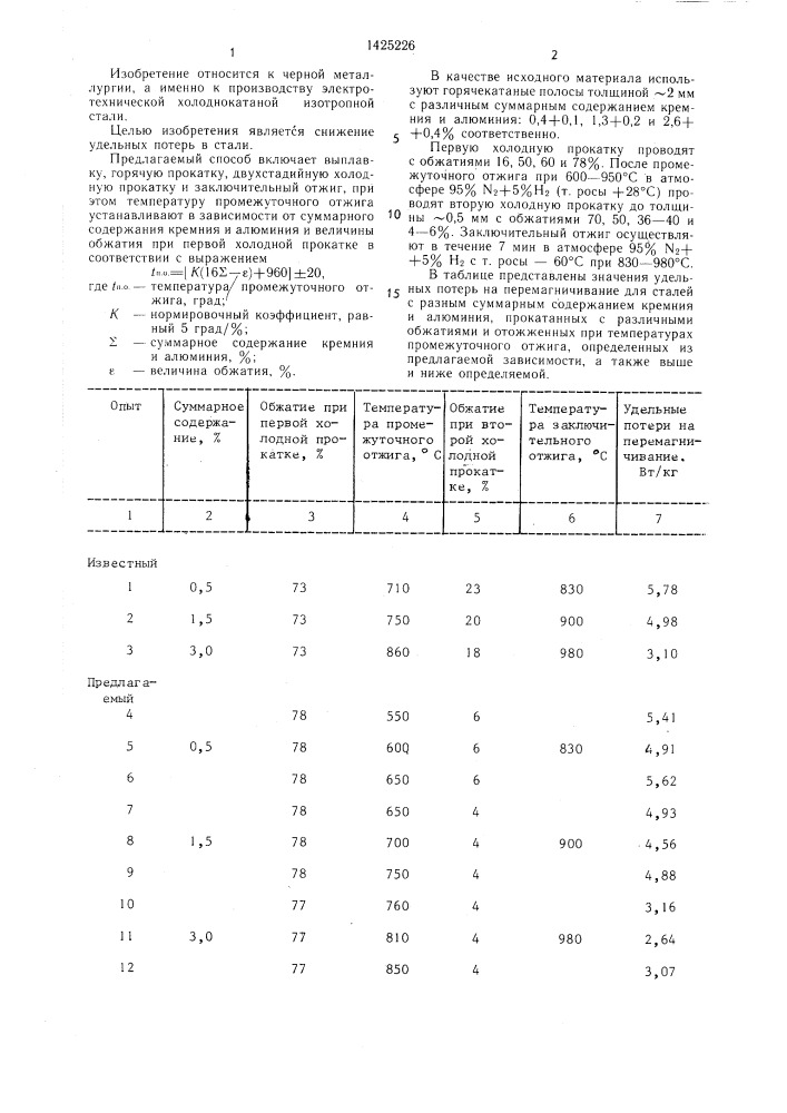 Способ производства электротехнической холоднокатаной изотропной стали с суммарным содержанием кремния и алюминия менее 4% (патент 1425226)