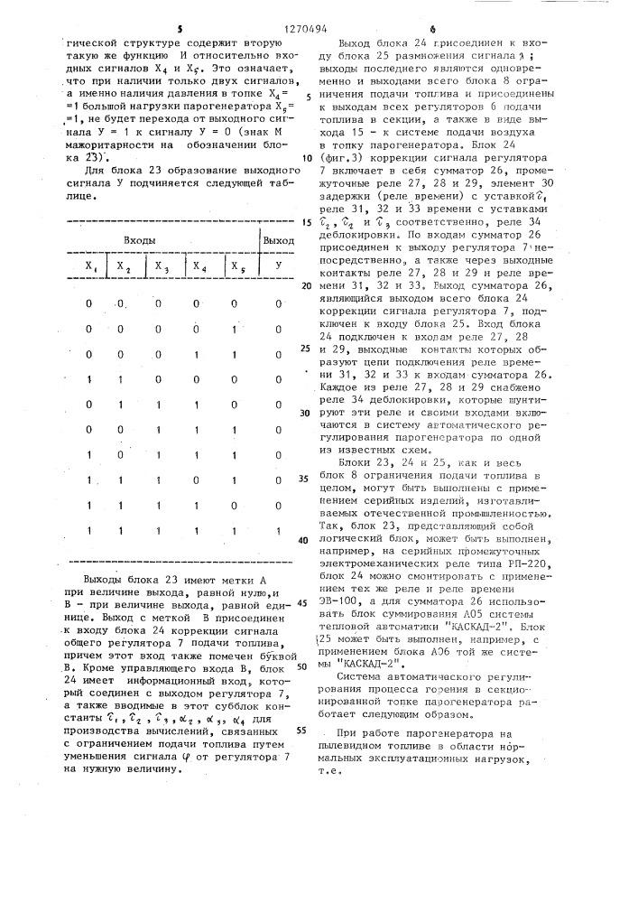 Система автоматического регулирования процесса горения в секционированной топке парогенератора (патент 1270494)