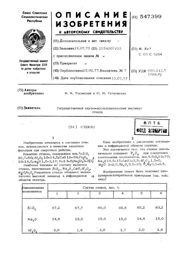 Стекло (патент 547399)