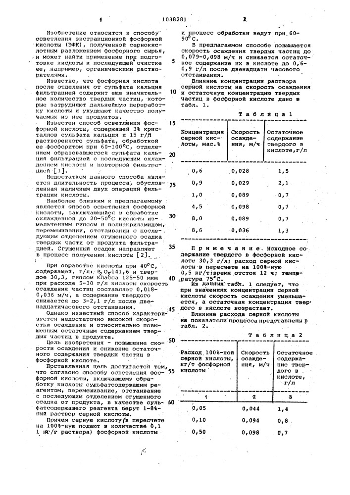 Способ осветления фосфорной кислоты (патент 1038281)