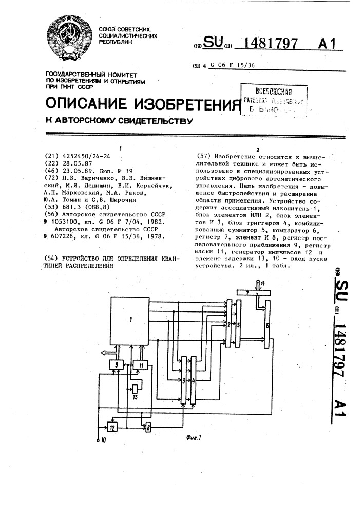 Устройство для определения квантилей распределения (патент 1481797)